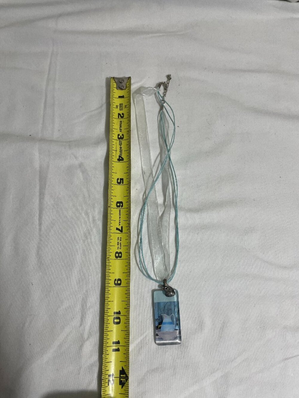 Blue Pitcher Bowl Glass Pendant Necklace Ribbon Cord Heart Charm 20”